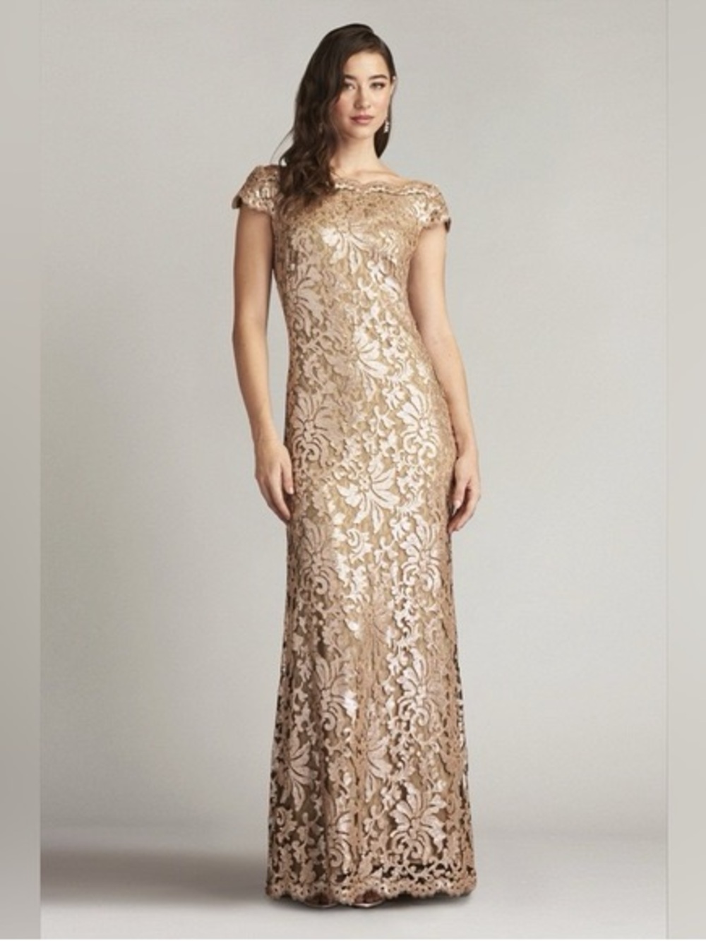 Tadashi Shoji Odette Gold Sequin Lace Formal Maxi Gown BHLDN Size 6